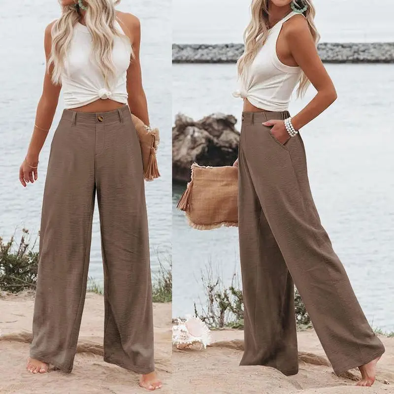 Womens Cotton Linen Pants Casual Button Up High Waisted Wide Leg Trousers Wideleg Loose