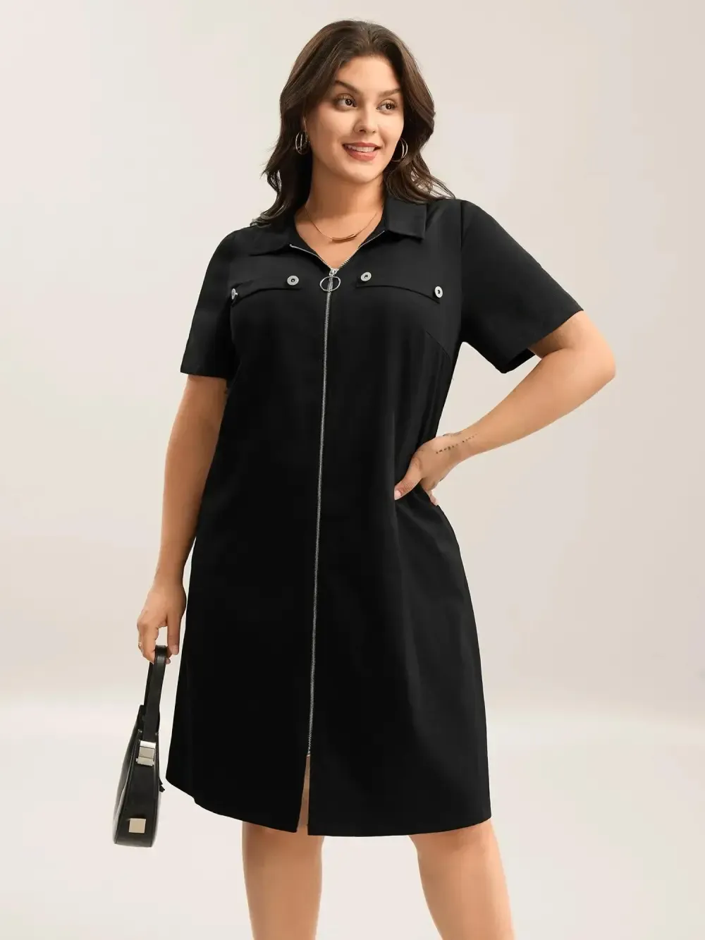 Zipper Front Chest Flaps Shirt Dress
