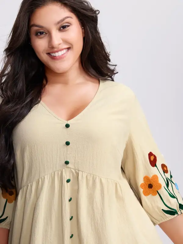 Floral Embroidery Button Front Knee-Length Dress