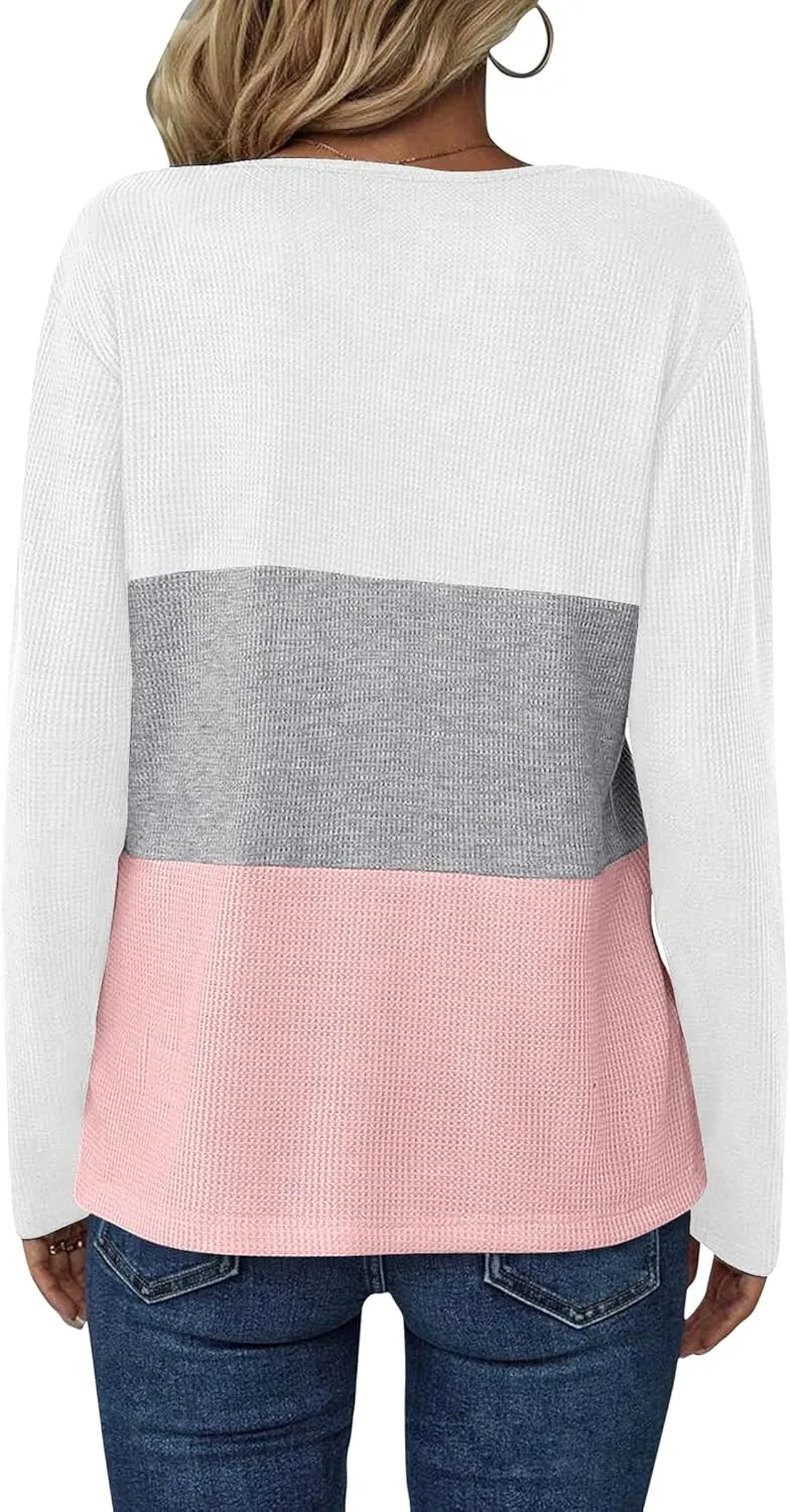 Women's Waffle Shirts V Neck Long Sleeve Tops Color Block T-Shirts Casual Tunics 2024 Fashion Basic Tees