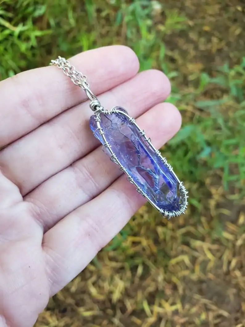 Titanium Wire Wrapped Blue Aura Quartz Crystal Tree of Life Pendant Necklace - Grounding Necklace - Self Confidence - Relaxation Crystal