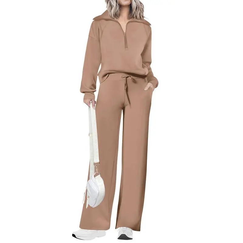 Women'swear Chic 2-Piece Set Outfits Half Zip Style Sweatshirts And Wide Leg Pants With Drawstring