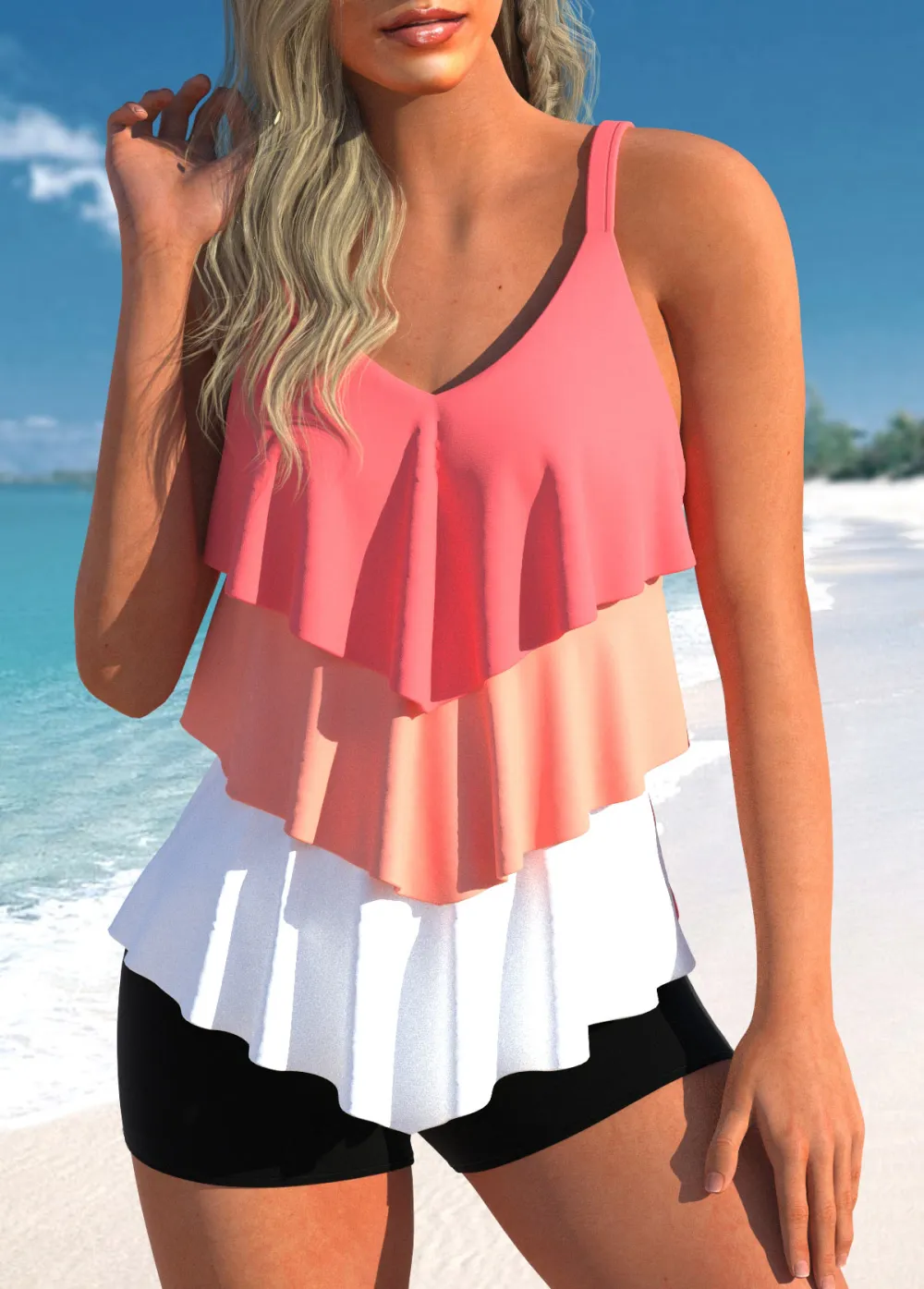 Handkerchief Hem Pink Plants Print Tankini Set