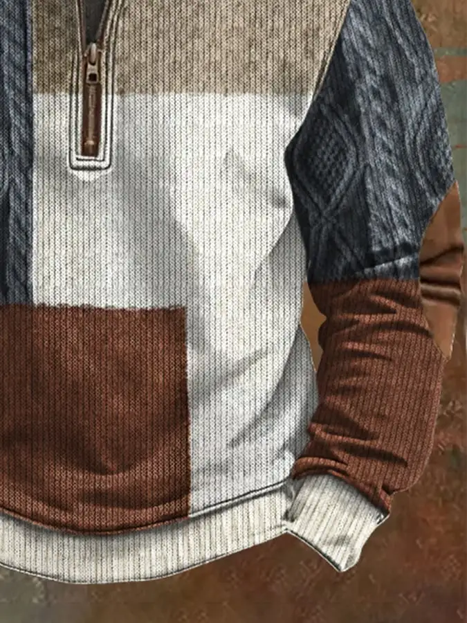 Men'S Casual 1/4 Zipper Half Stand Collar Retro Color Block Print Long Sleeve Sweatshirt