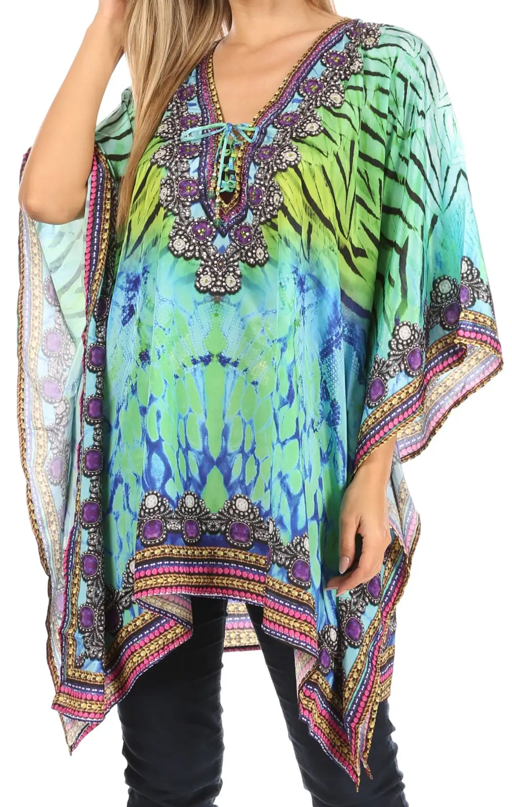 Women's Caftan Poncho Cover up V neck Top Lace up With Rhinestone
