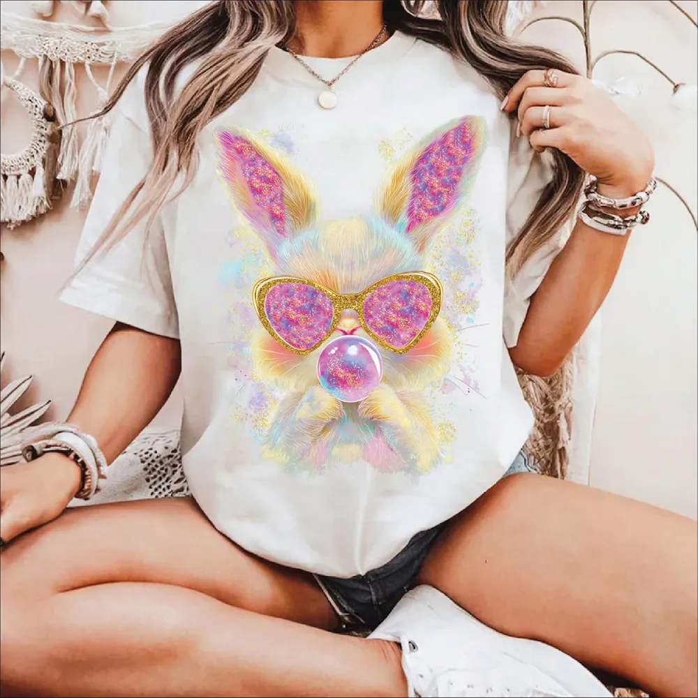 Easter Bunny Printed Round Neck Short Sleeve T-Shirt