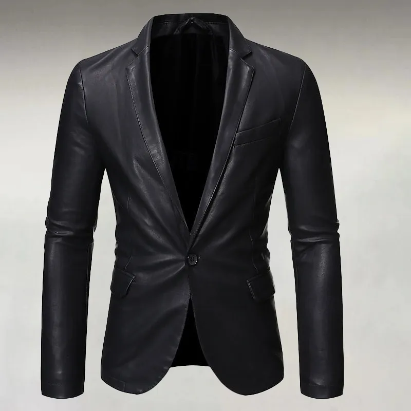 Men's Business Notched Lapel One Button PU Leather Blazer