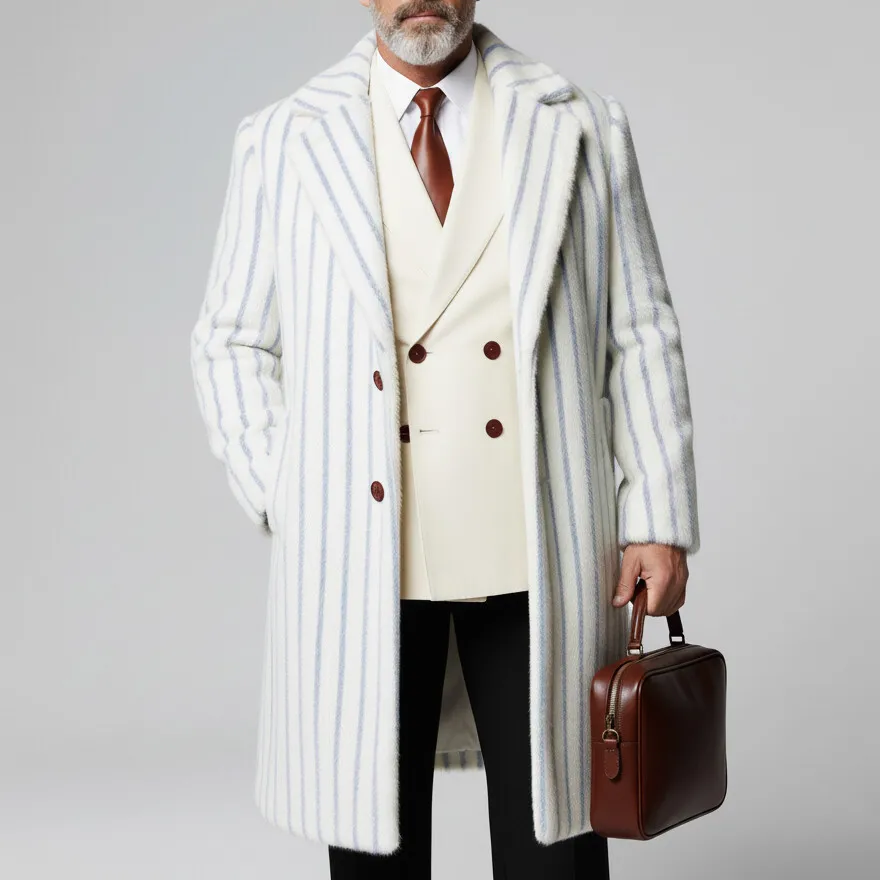 Men's White Striped Notch Lapel Two Button Long Sleeve Pocket Overcoat