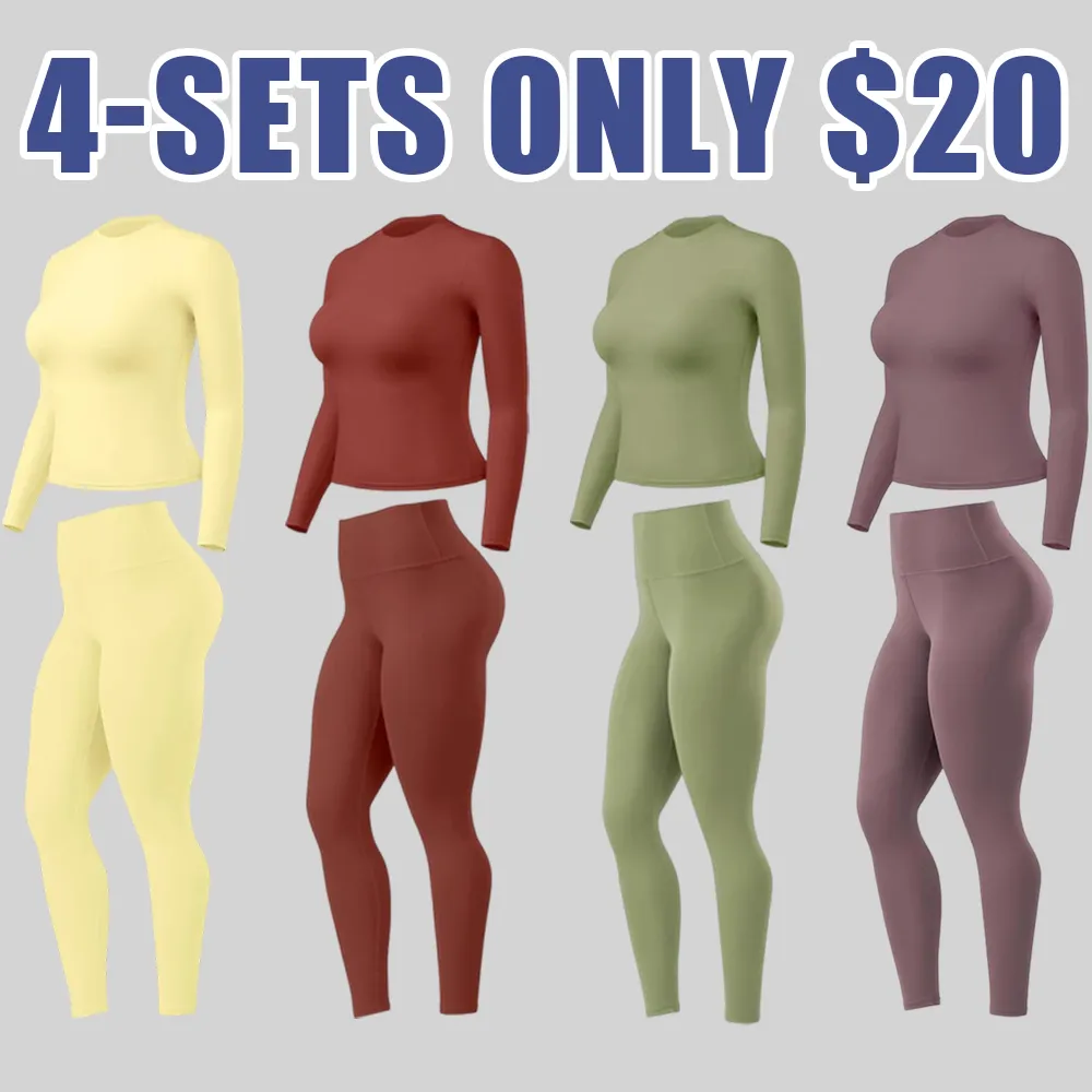 Women's Solid Long Sleeve Tee & High Waist Leggings Sportswear Set