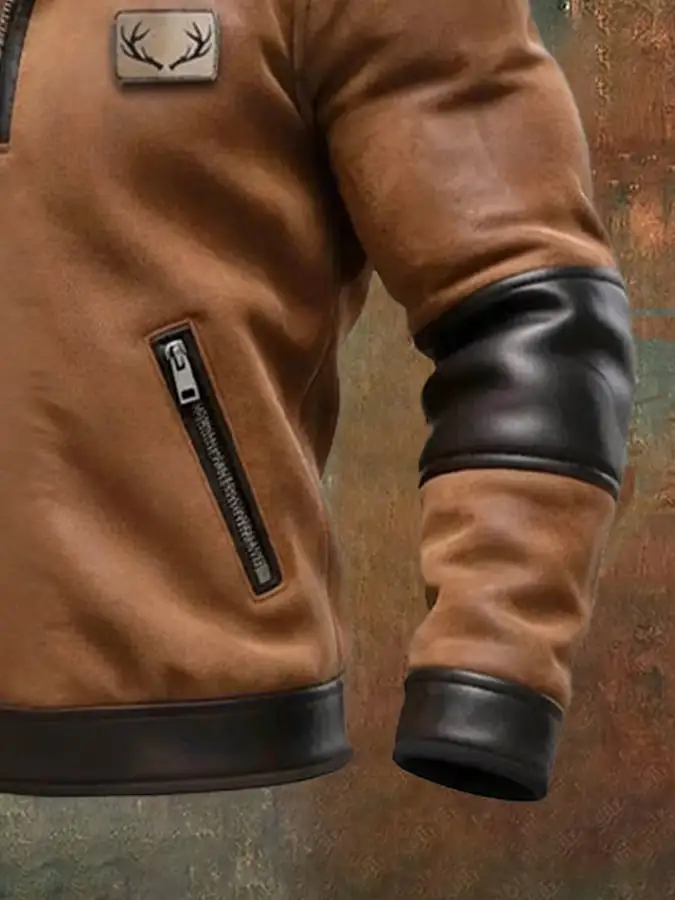 Men's Vintage Suede Leather Zipper Fur Collar Sweatshirt