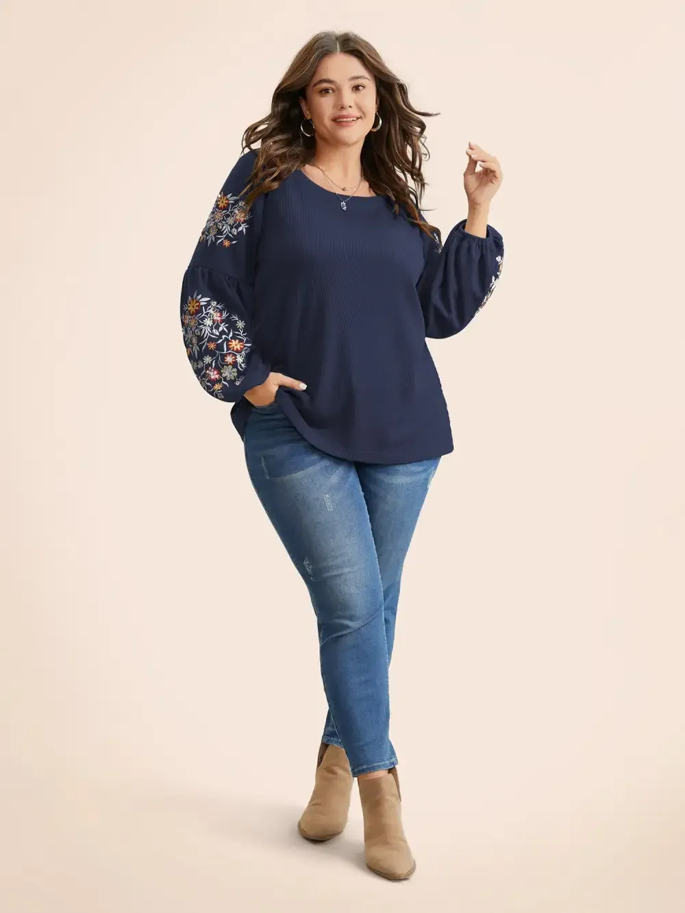 Waffle Knit Floral Embroidered Lantern Sleeve T-Shirt
