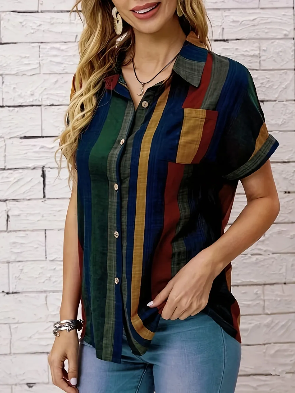 Striped Print Button Front Blouse
