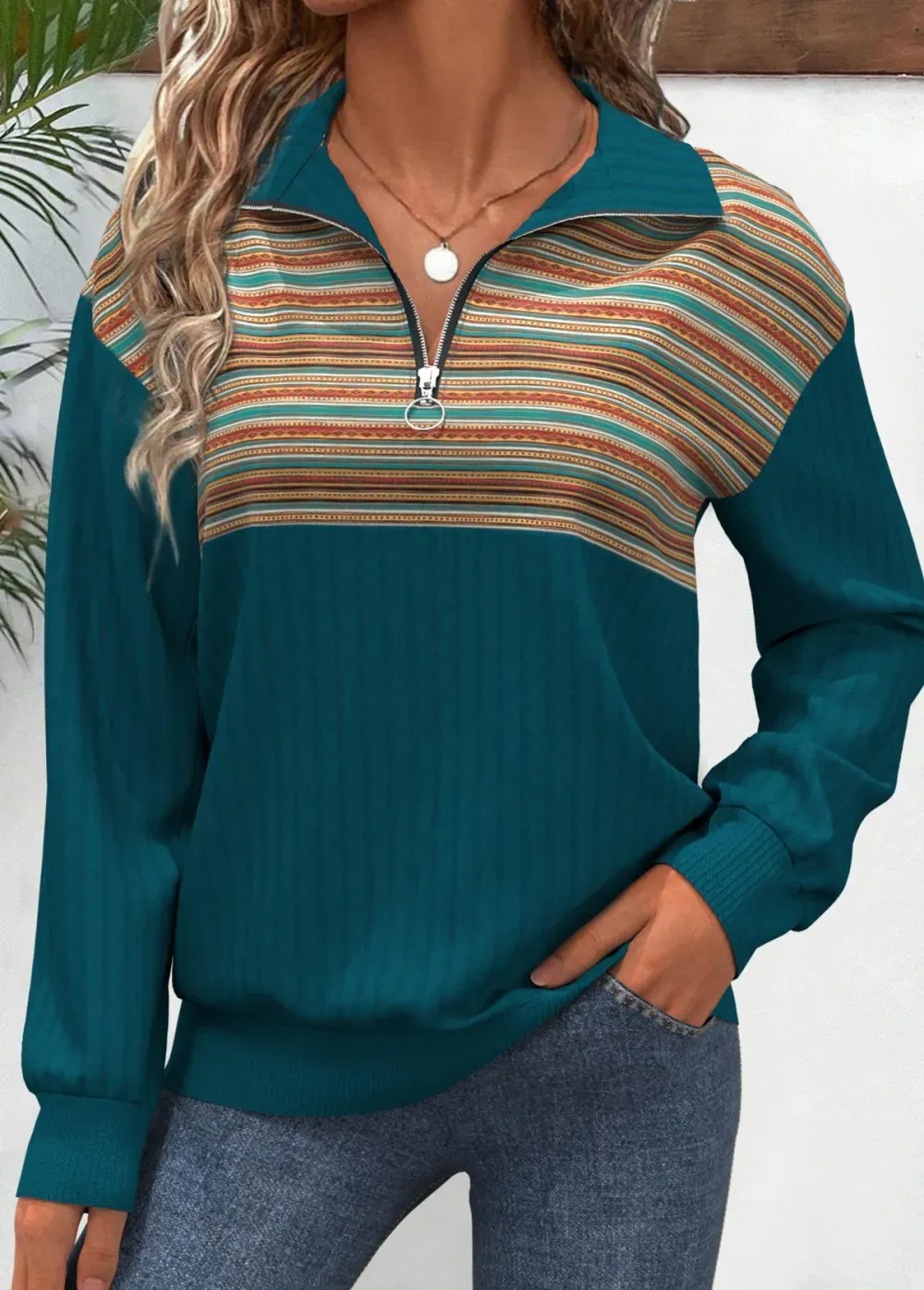 Turquoise Patchwork Multi Stripe Print Long Sleeve Sweatshirt