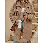 Women's Sherpa Jacket Comfortable Breathable Pocket Buttons Casual Plain Vacation Street Casual Daily Wear Single Breasted Long Turndown Loose Fit Long Sleeve Outerwear Black White Red Spring Fall