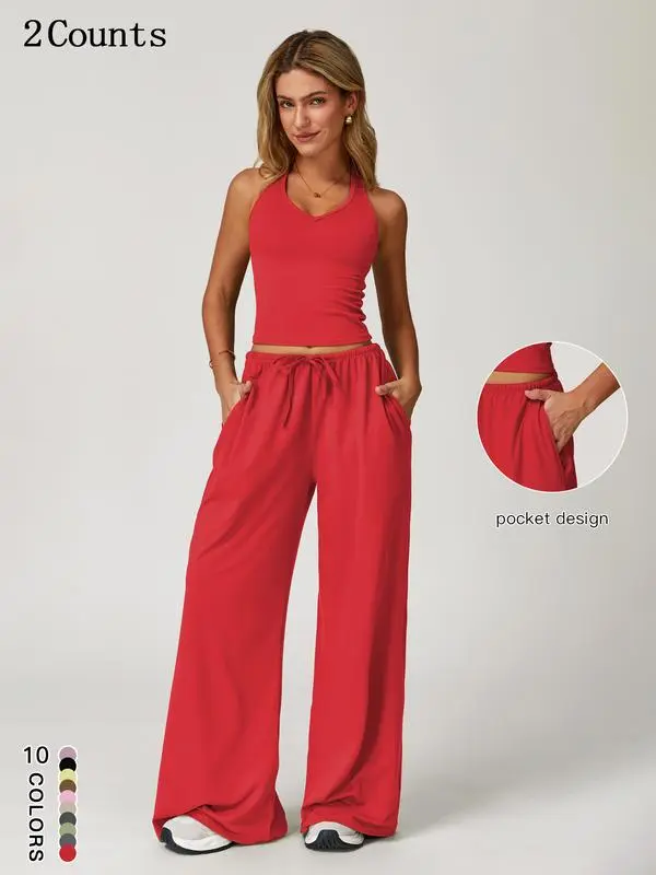 Women's Summer 2 Piece Set – Sleeveless V Neck Crop Top & Wide Leg Pants, Casual Lightweight Outfit