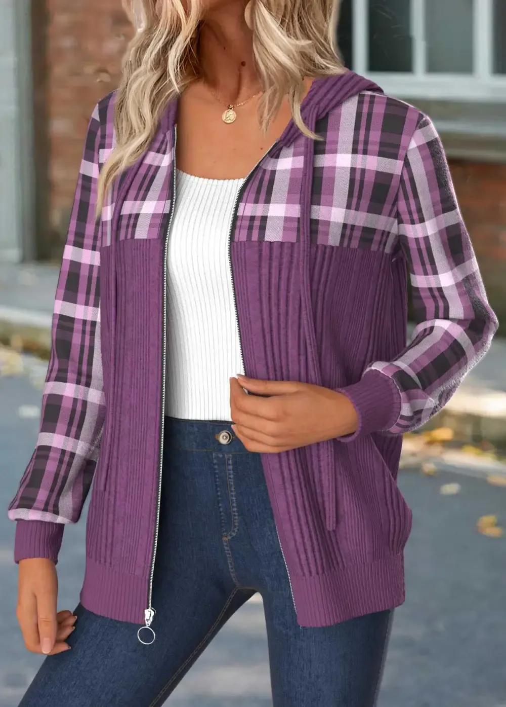 Purple Tummy Coverage Plaid Long Sleeve Hooded Coat
