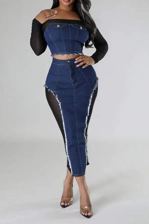 Patchwork Sheer Off-Shoulder Denim Dress Set
