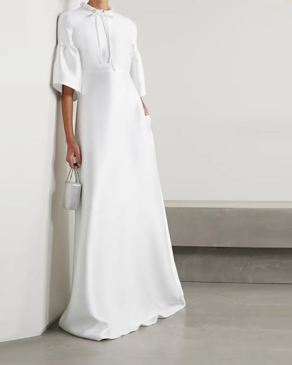 Tie-detailed satin-piqué gown