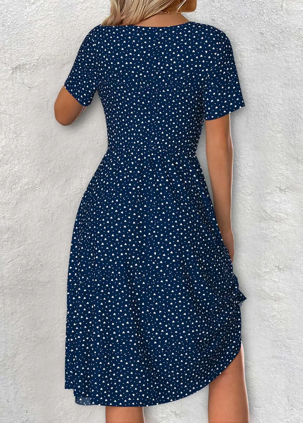 Navy Polka Dot Short Sleeve V Neck Dress