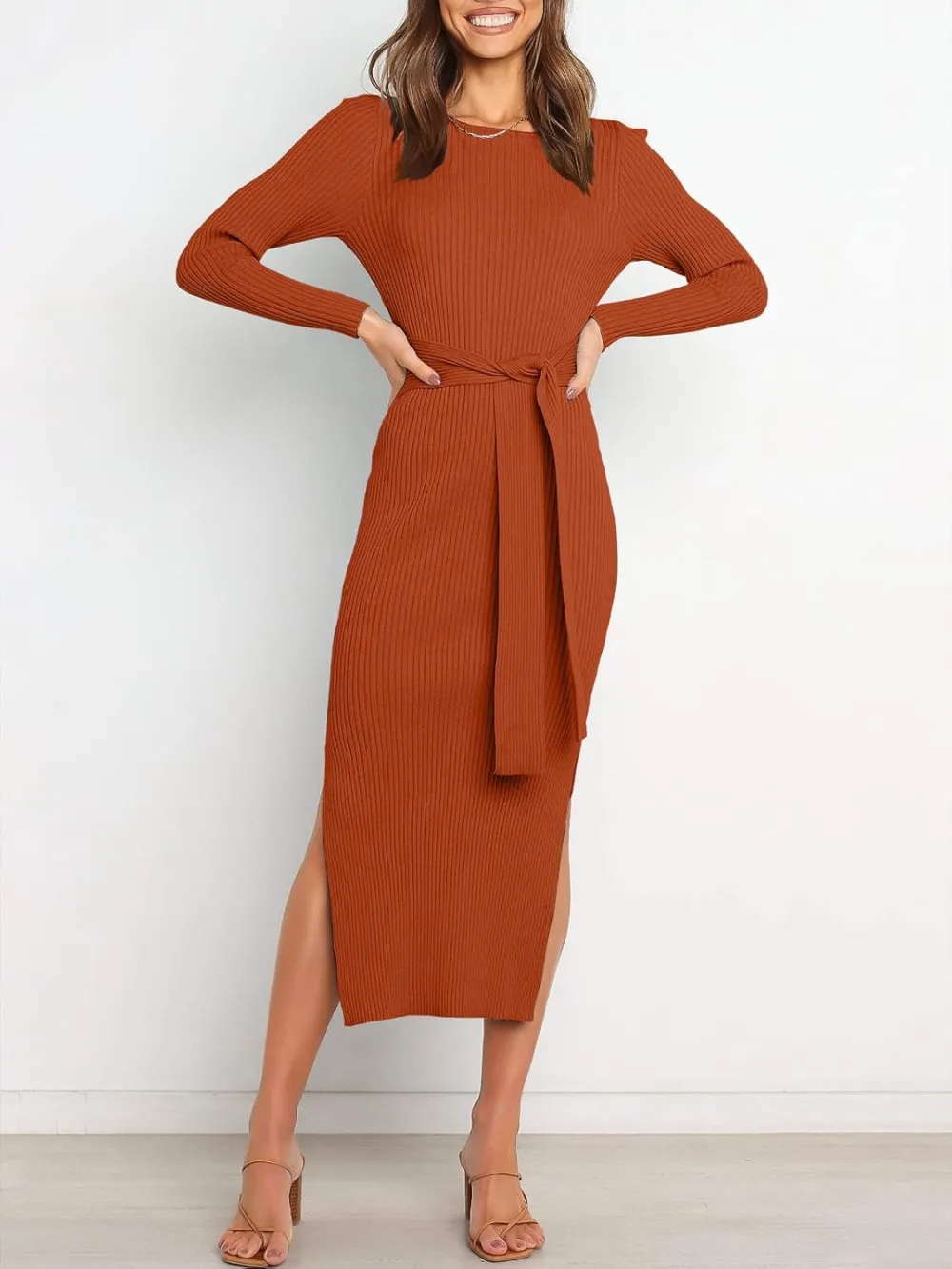 Long Sleeve Sweater Dress Crew Neck Slim Fit Slit Tie Waist 2024 Ribbed Knit Bodycon Midi Dress Fall Outfits