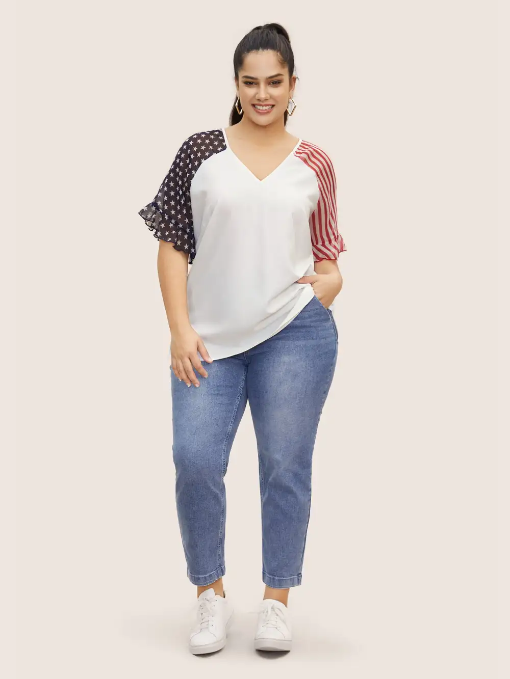 Star & Striped Ruffles Raglan Sleeve Blouse