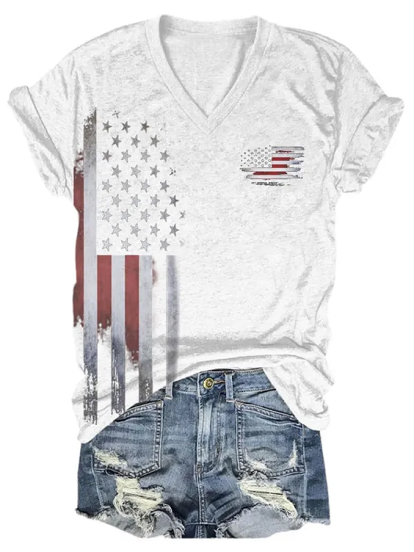 Women'S National Flag Pattern Print V-Neck T-Shirt