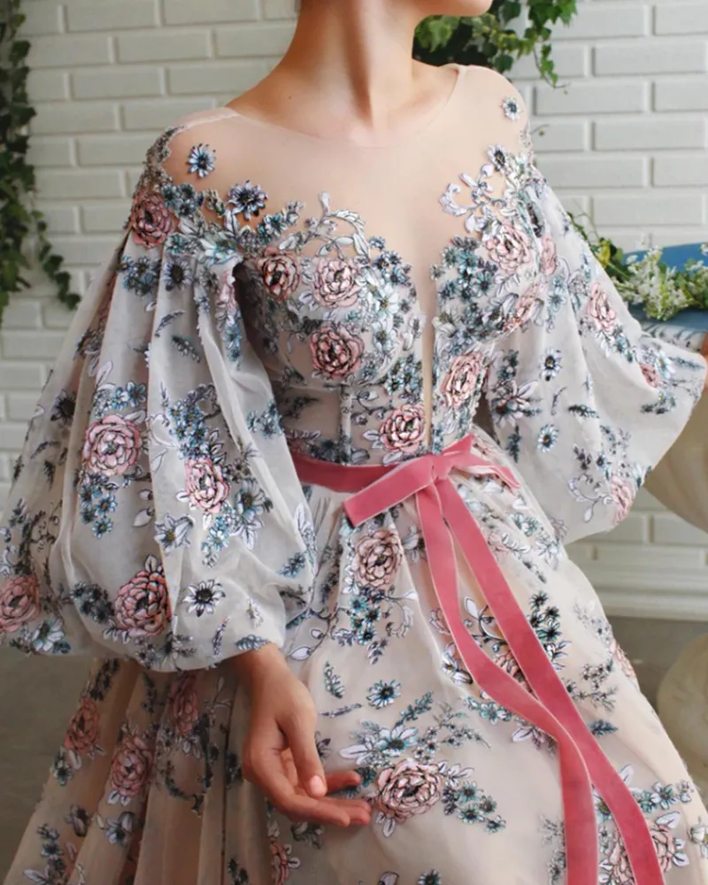 evening gown slit tulle embroidered maxi dress