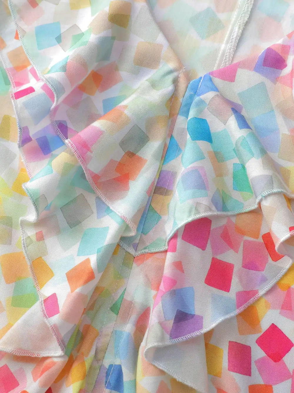 Ruffled Neckline Colorful Geometric Rayon Blouse