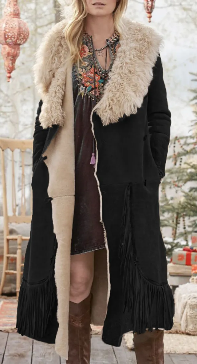 Women's Plush Lapel Fringe Long Coat