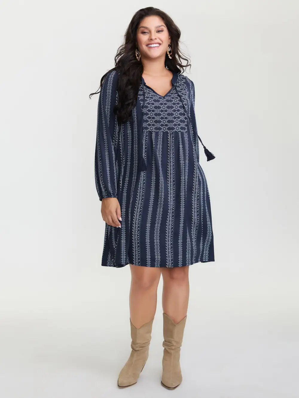 Boho Stripe Notched Collar Ties Midi Dress