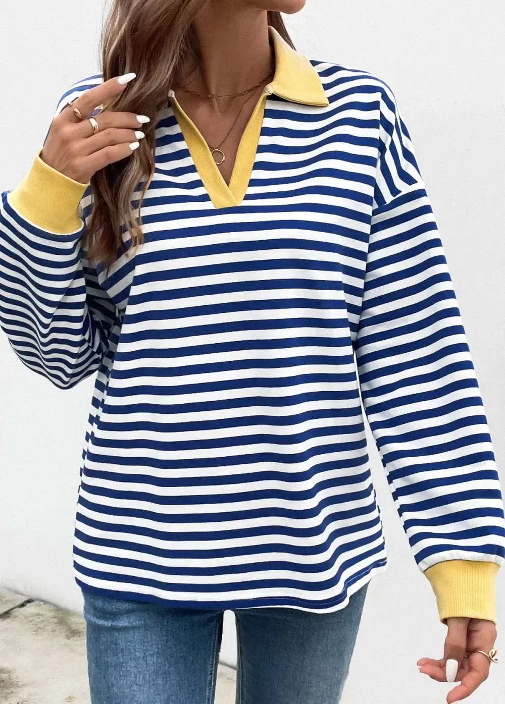 Navy Patchwork Striped Long Sleeve T Shirt