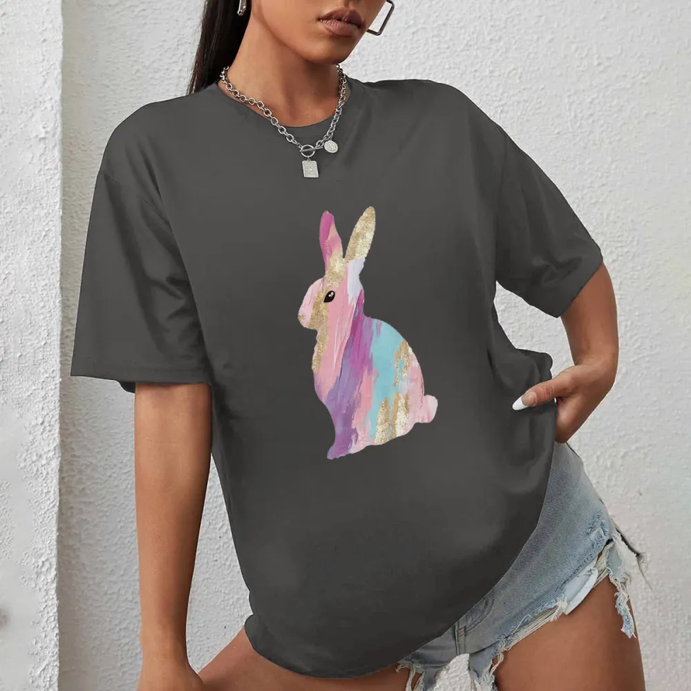 Colorful Bunny Pattern In Pink, Purple, Blue And Gold Glitter Effect, Easter, Casual T-Shirt.