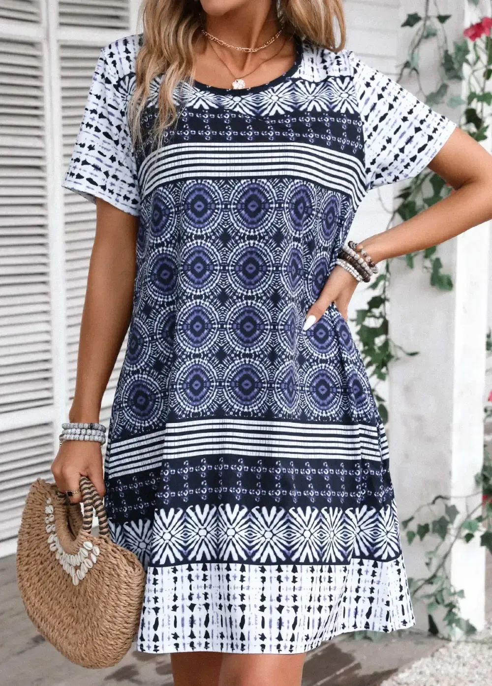 Blue Tribal Print A Line Short Sleeve Dress