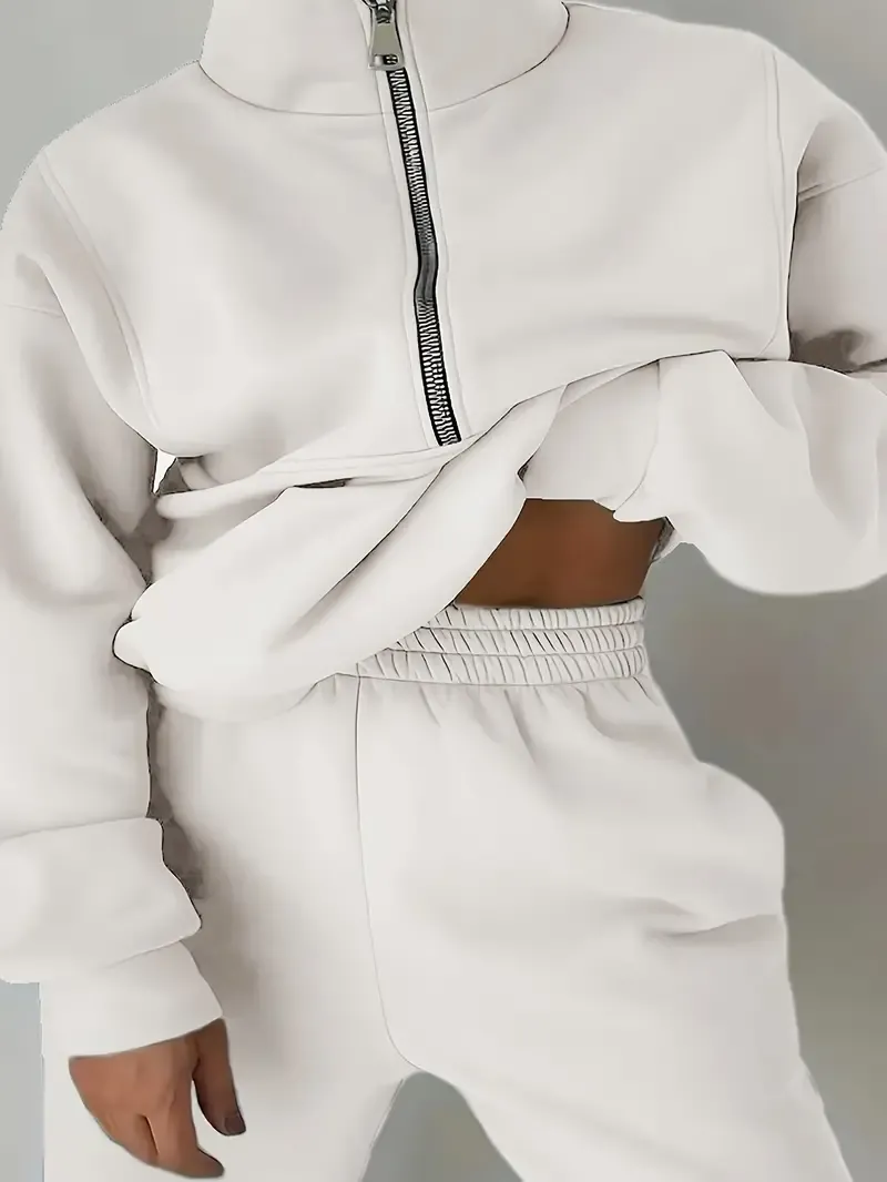 Two-Piece Solid Color Casual Outfit - High Neck Zip Front Long Sleeve Sweatshirt & Elastic Waist Pants