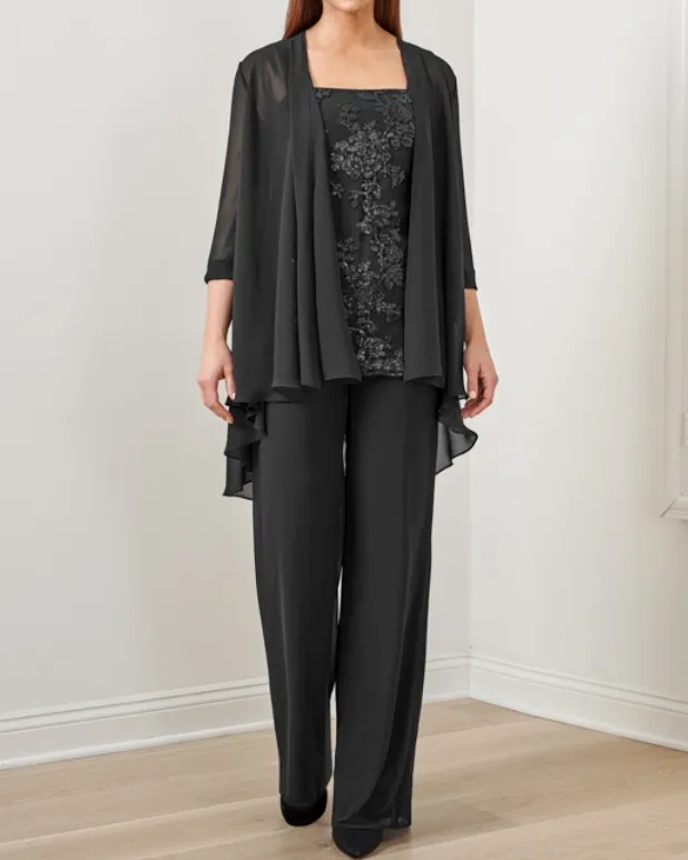 Suit Sequined Chiffon Embroidered Top + Chiffon Long Pants