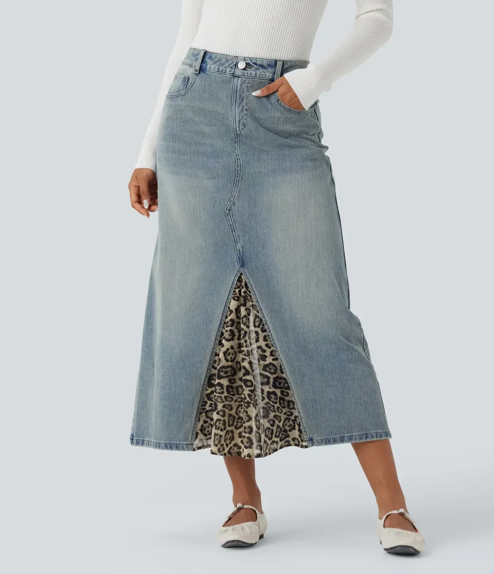 Halara FlexTM Mid Rise Contrast Leopard Mesh Midi Denim Casual A-line Skirt with Pockets