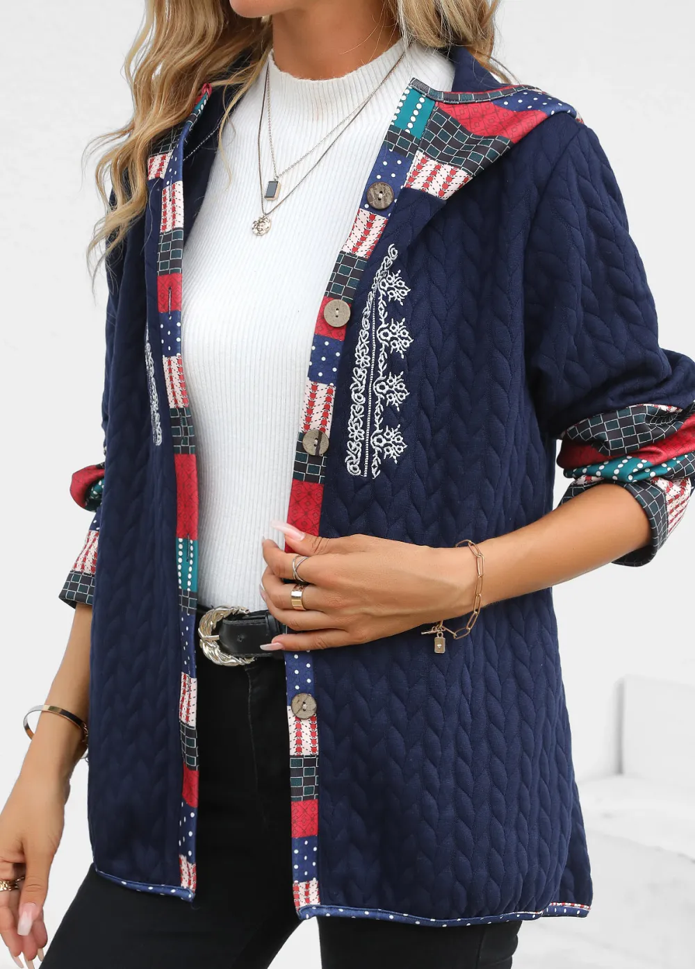 Navy Patchwork Tribal Print Long Sleeve Hooded Coat