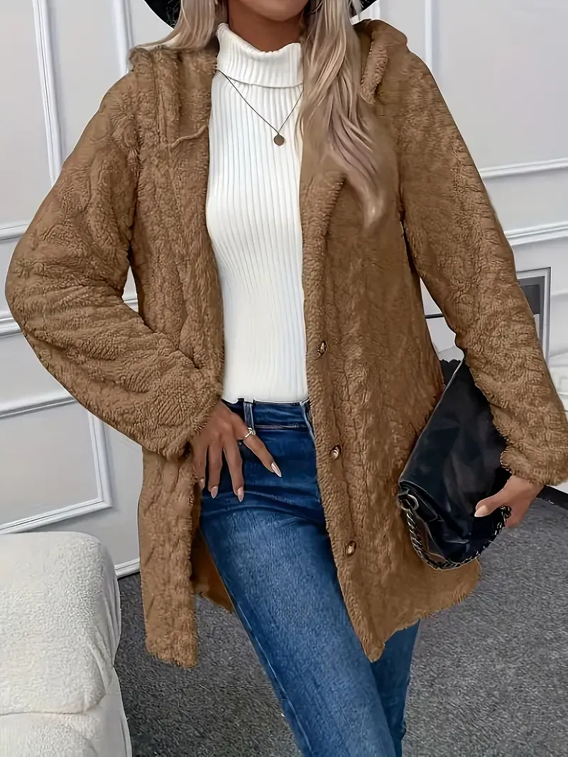 Luxurious Faux Fur Teddy Coat - Elegant Long Sleeve Split Side Hooded Outwear for Women - Soft, Warm, and Chic Winter Clothing