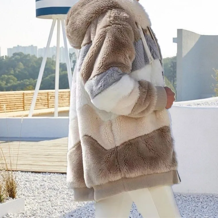 Contrast Plush Drawstring Hooded Jacket