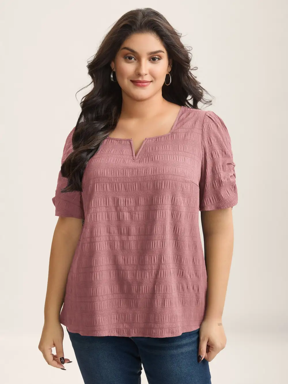 Textured Gathered Sleeve Split Neck Blouse