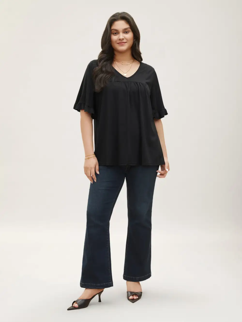 Solid Gathered Ruffle Trim Flounce Sleeve T-shirt