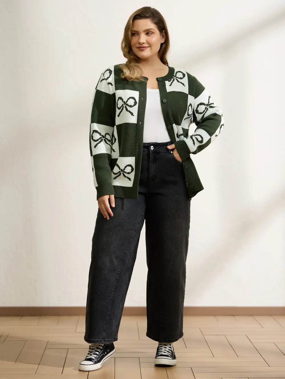 Checkered Bowknot Contrast Knit Cardigan