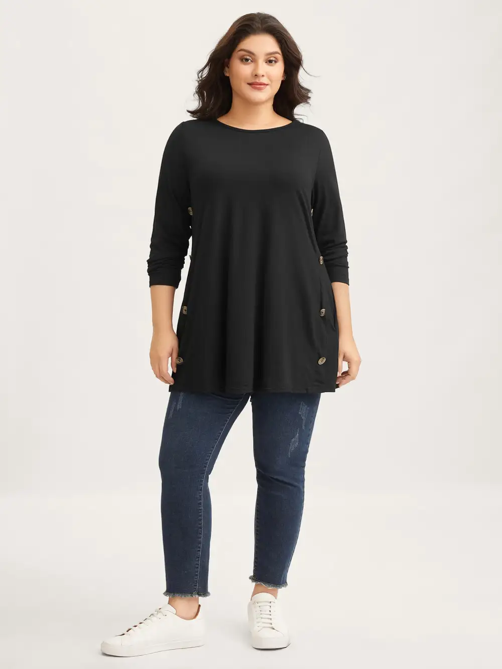 Round Neck Button Slim-Fit Knit Top