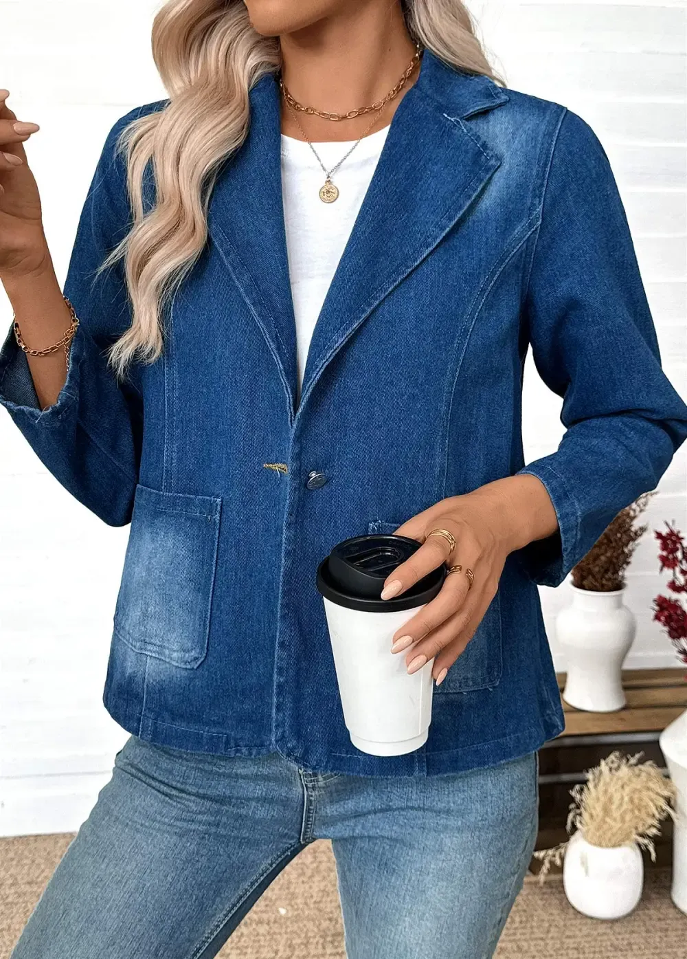 Denim Blue Tummy Coverage Long Sleeve Lapel Coat