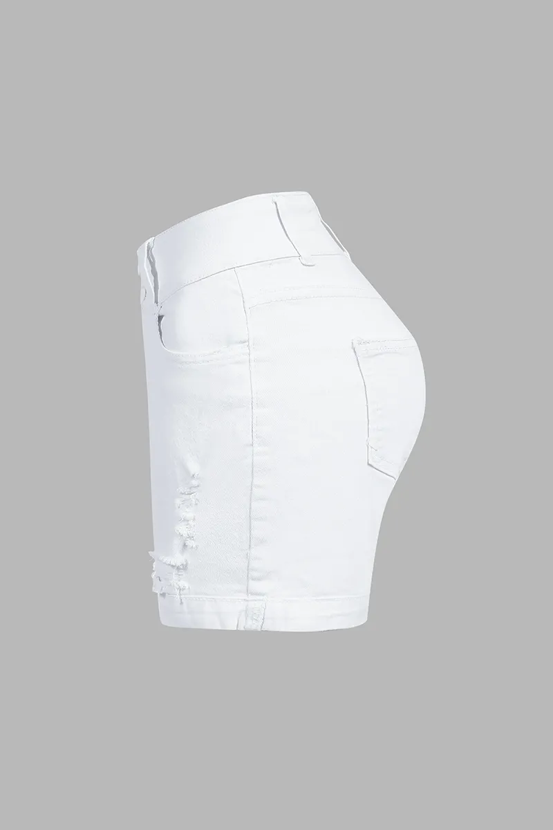 Double Button Ripped Mid Waist Denim Shorts
