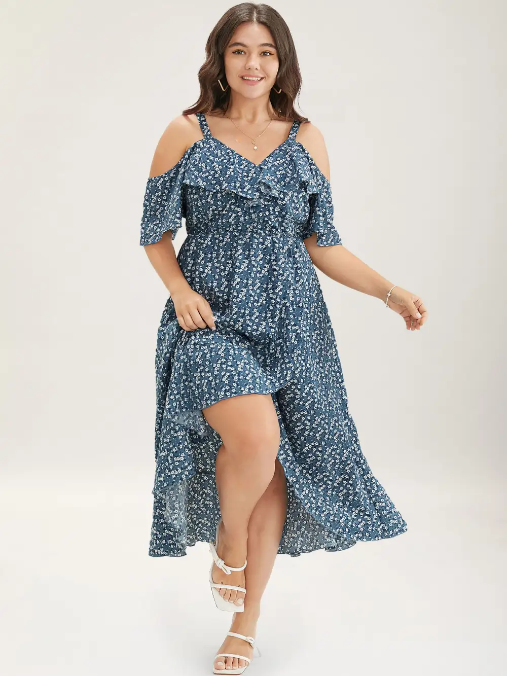 Ditsy Floral Pocket Wrap Cold Shoulder Ruffle Dress