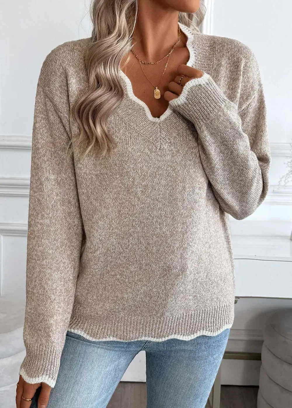 Light Camel Tummy Coverage Long Sleeve V Neck Sweater