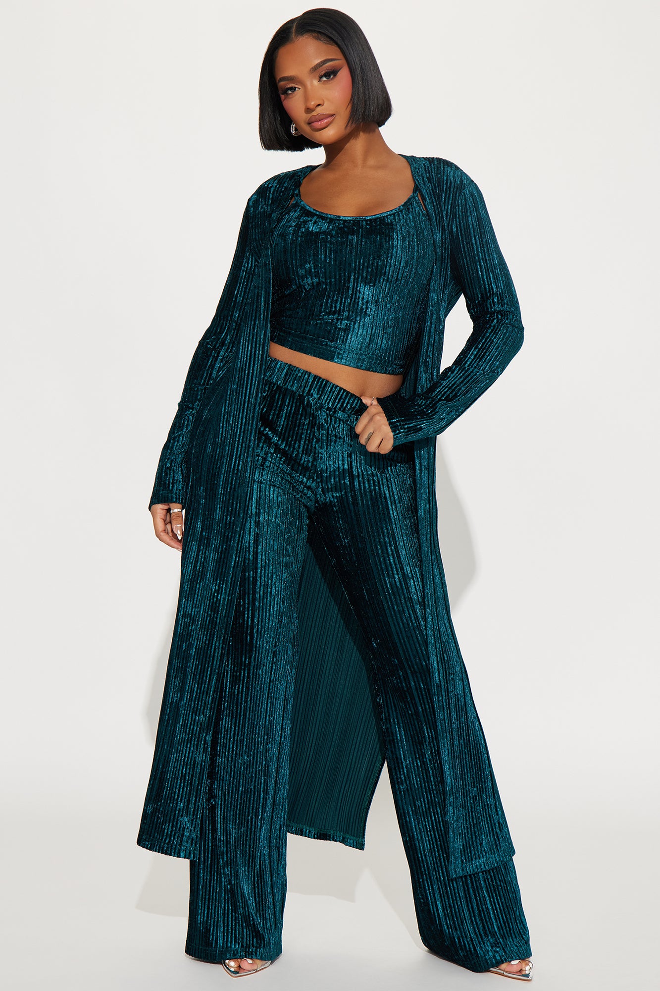 Carrie 3 Piece Velvet Plisse Pant Set - Hunter