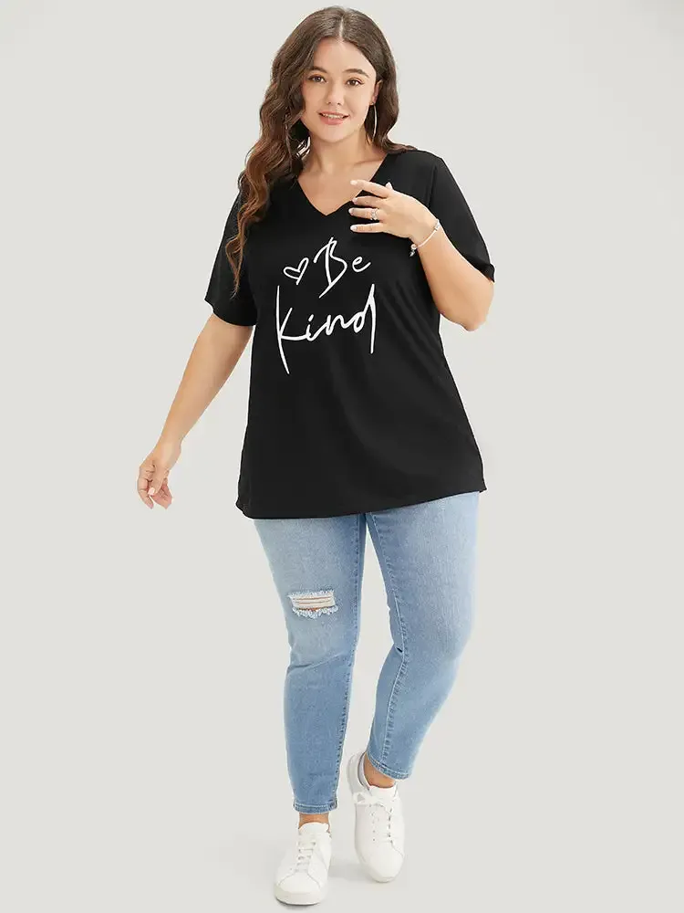 Letter & Heart Print V Neck T-shirt