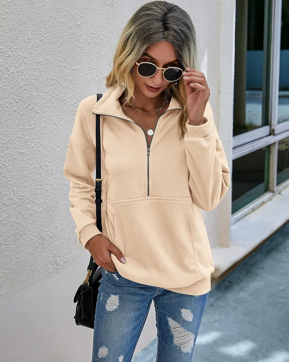 Women's Casual Long Sleeve Lapel Zipper Sweatshirt Drawstring Loose Pullover Tops